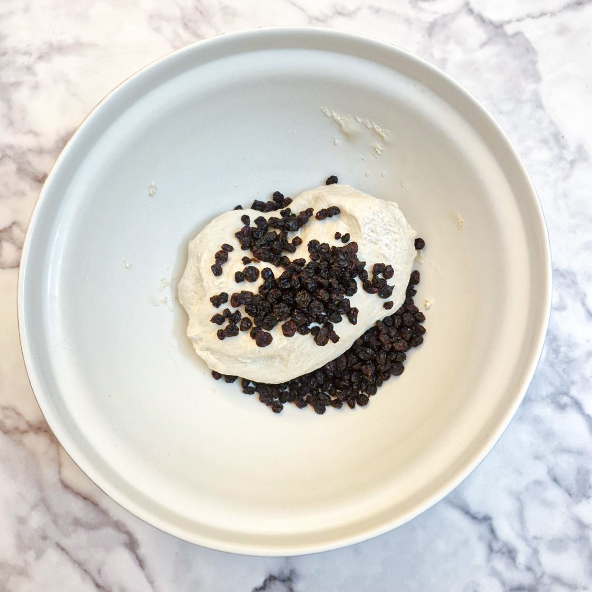 A mixing bowl, containing raisins which have been added to knocked down focaccia dough.