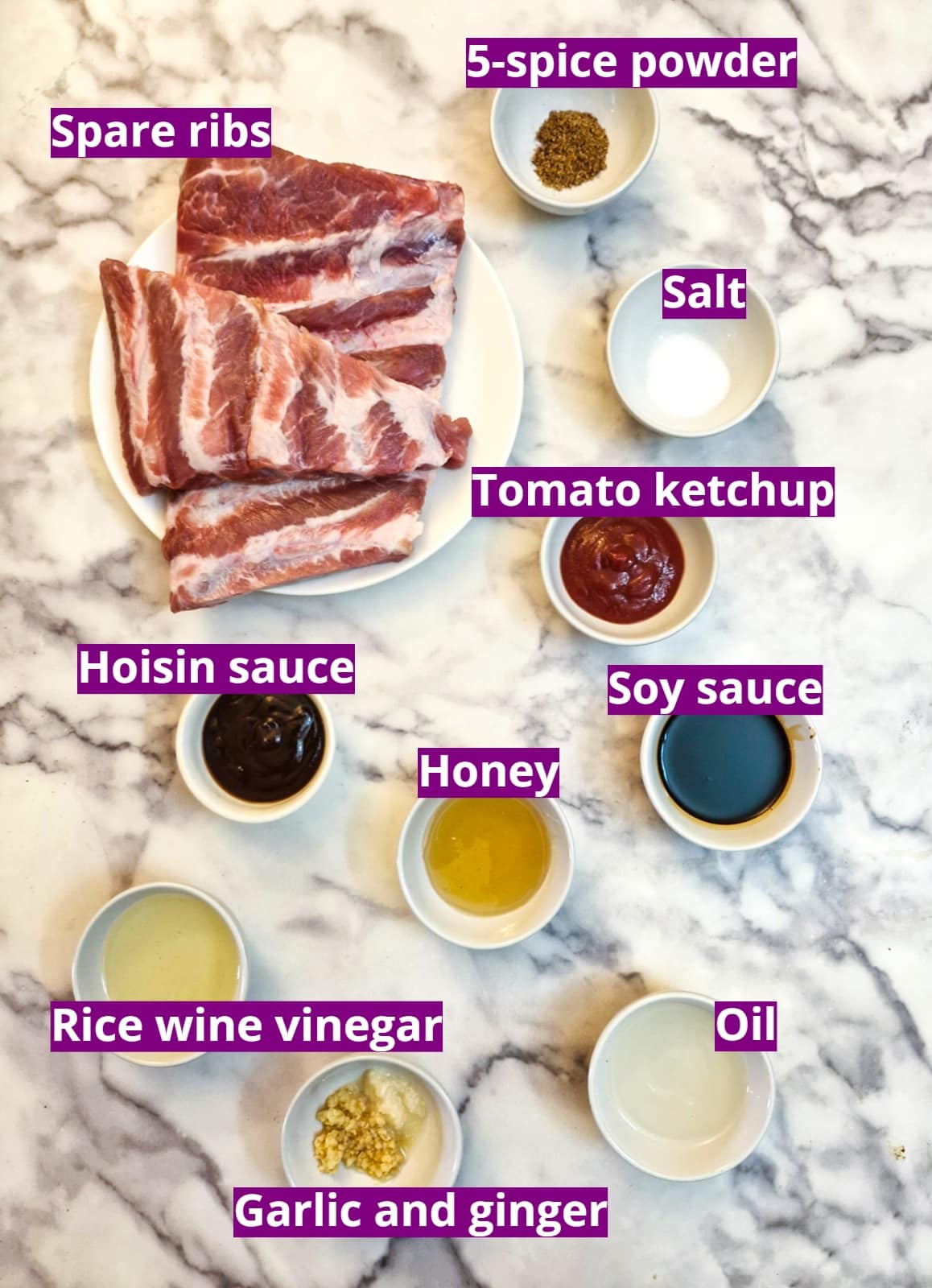 Ingredients for making chinese-style pork spareribs.