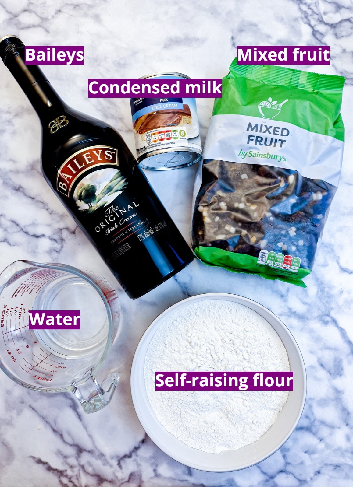 Ingredients for Baileys condensed milk fruit cake.