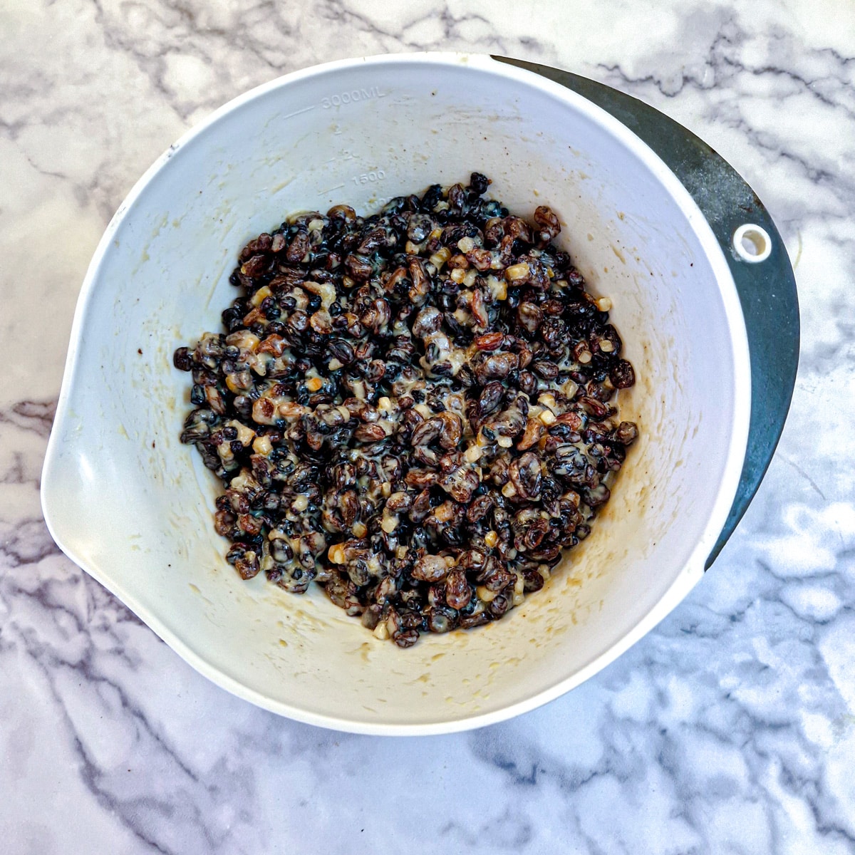 Mixed fruit that has been soaking overnight in Baileys, condenseed milk and water.