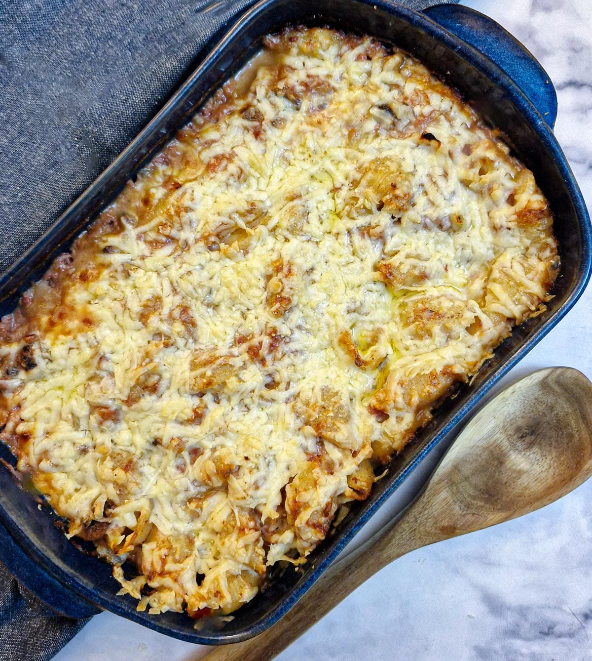 Overhead shot of a dish of corned beef pasta bake.