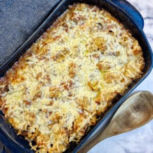 Overhead shot of a dish of corned beef pasta bake.