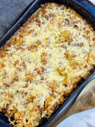 Overhead shot of a dish of corned beef pasta bake.