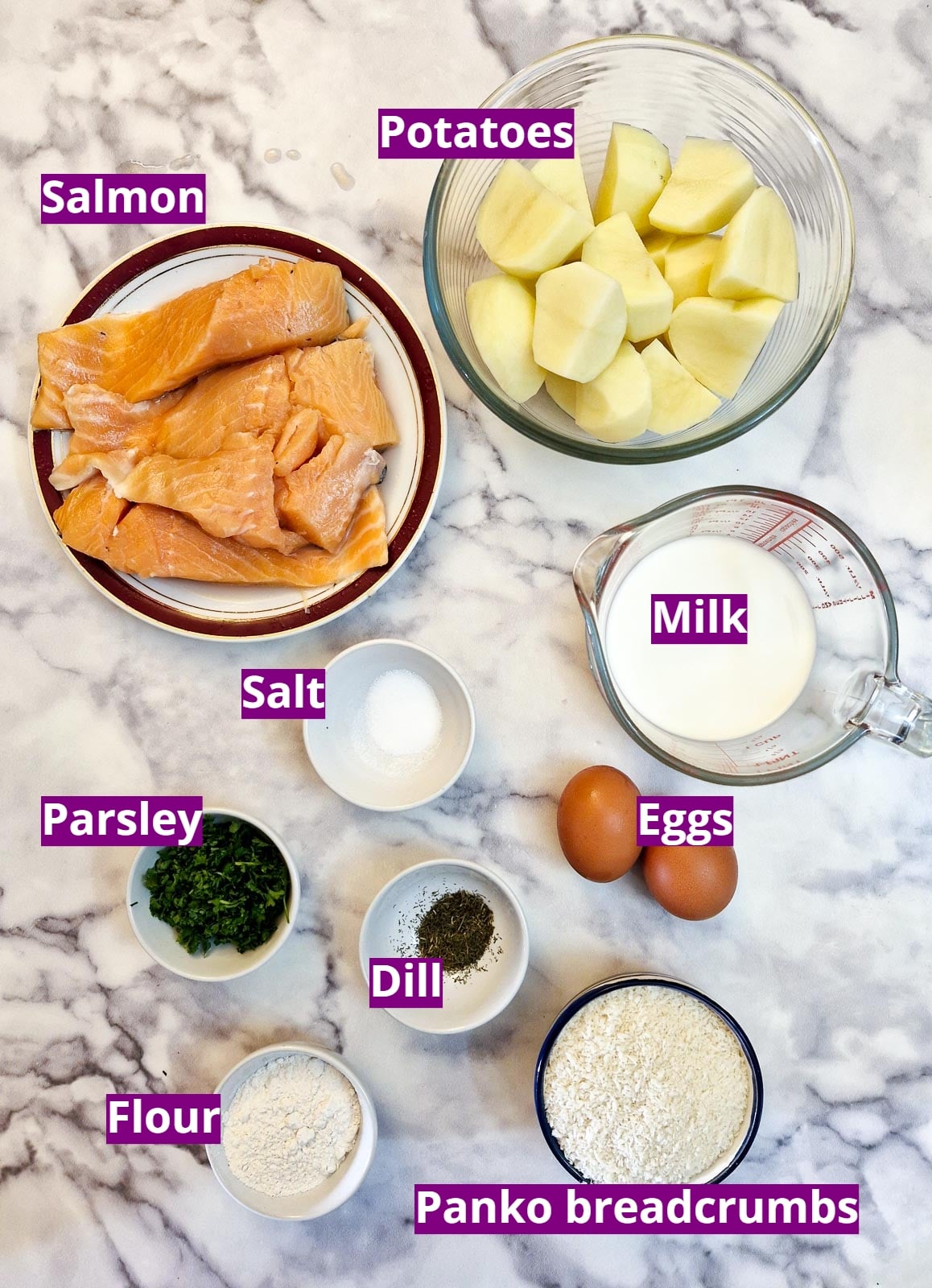 Ingredients for easy salmon fishcakes.