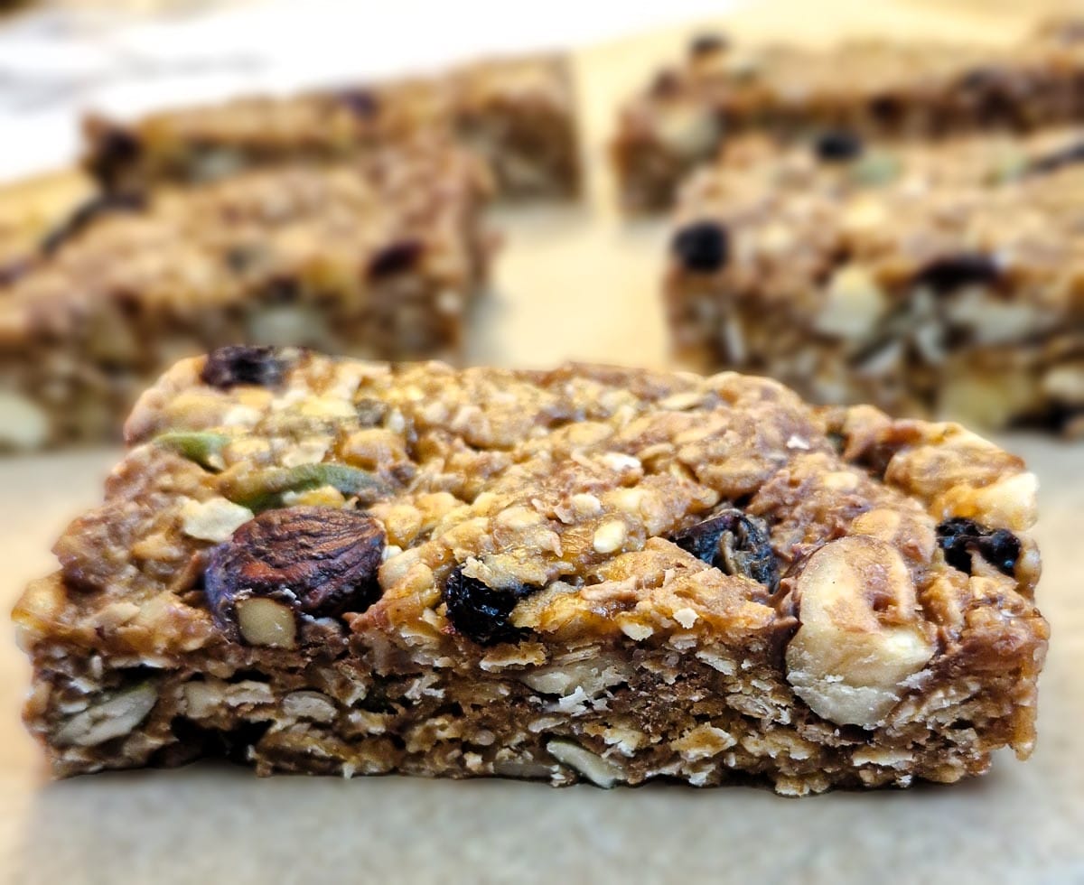 Close up of a side-on view of a fruit and nut muesli bar.