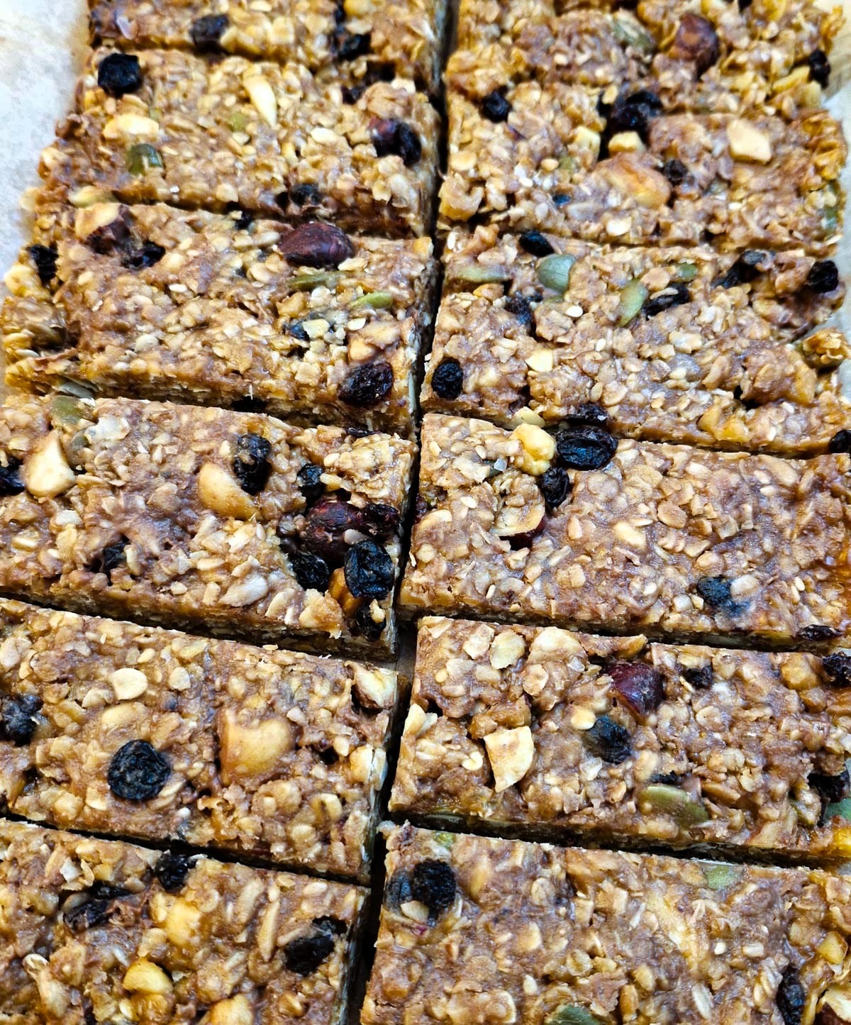 Overhead close up shot of sliced muesli bars.