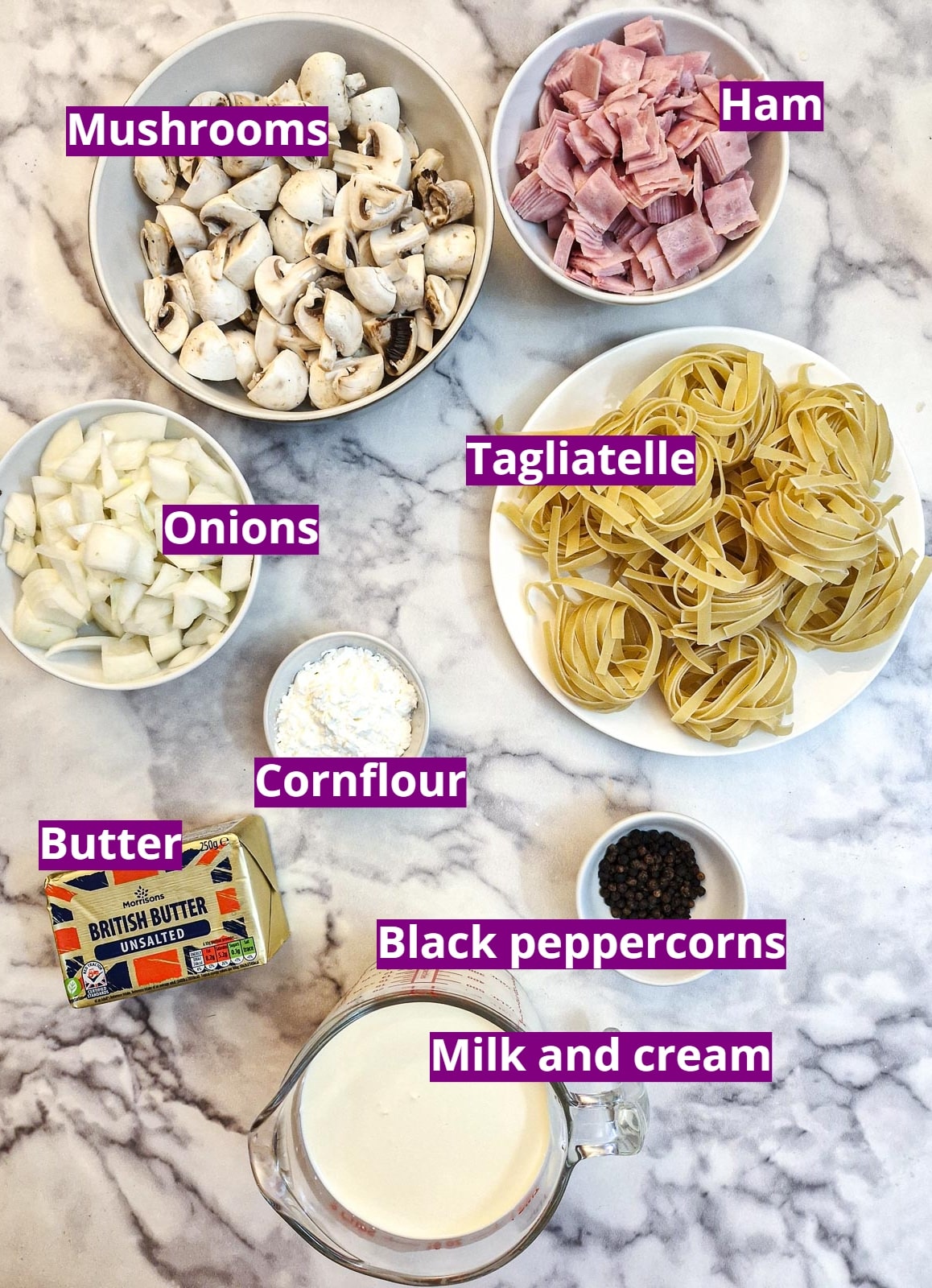 Ingredients for ham and mushroom tagliatelle with black pepper sauce.