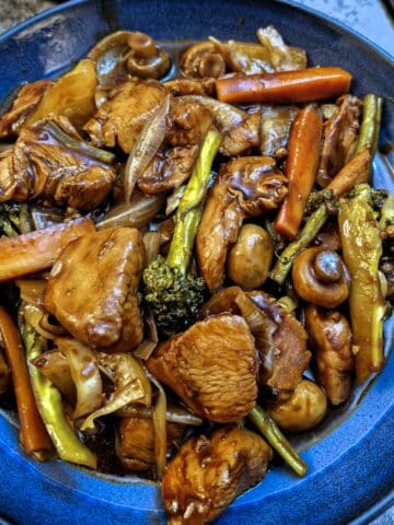 A blue dish of szechucan chicken and vegetables.