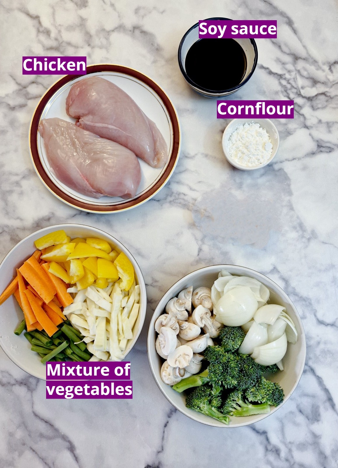 Ingredients for making Szechuan chicken.