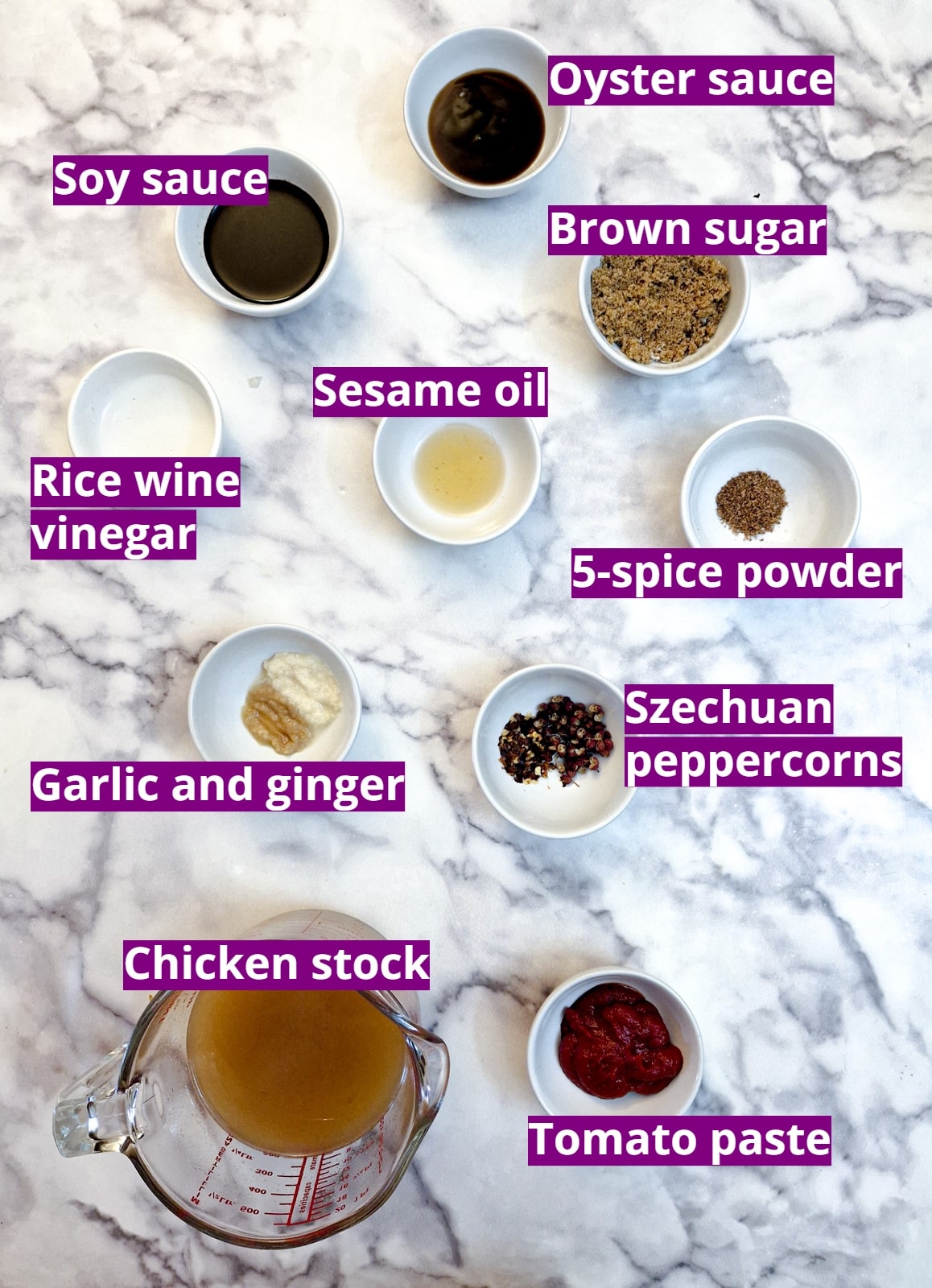 Ingredients for making Szechuan chicken sauce.