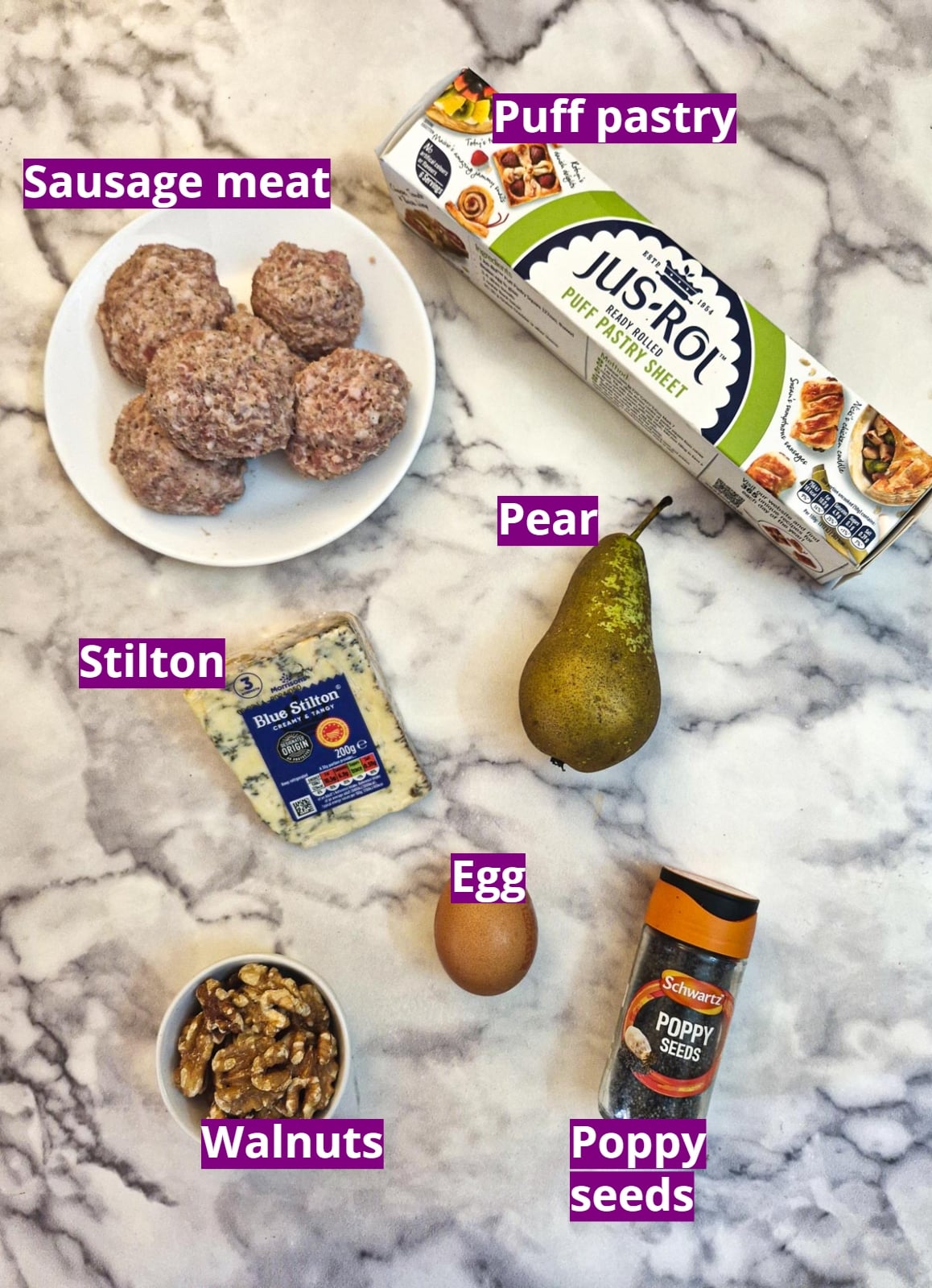 Ingredients for making stilton, pork and walnut sausage rolls.