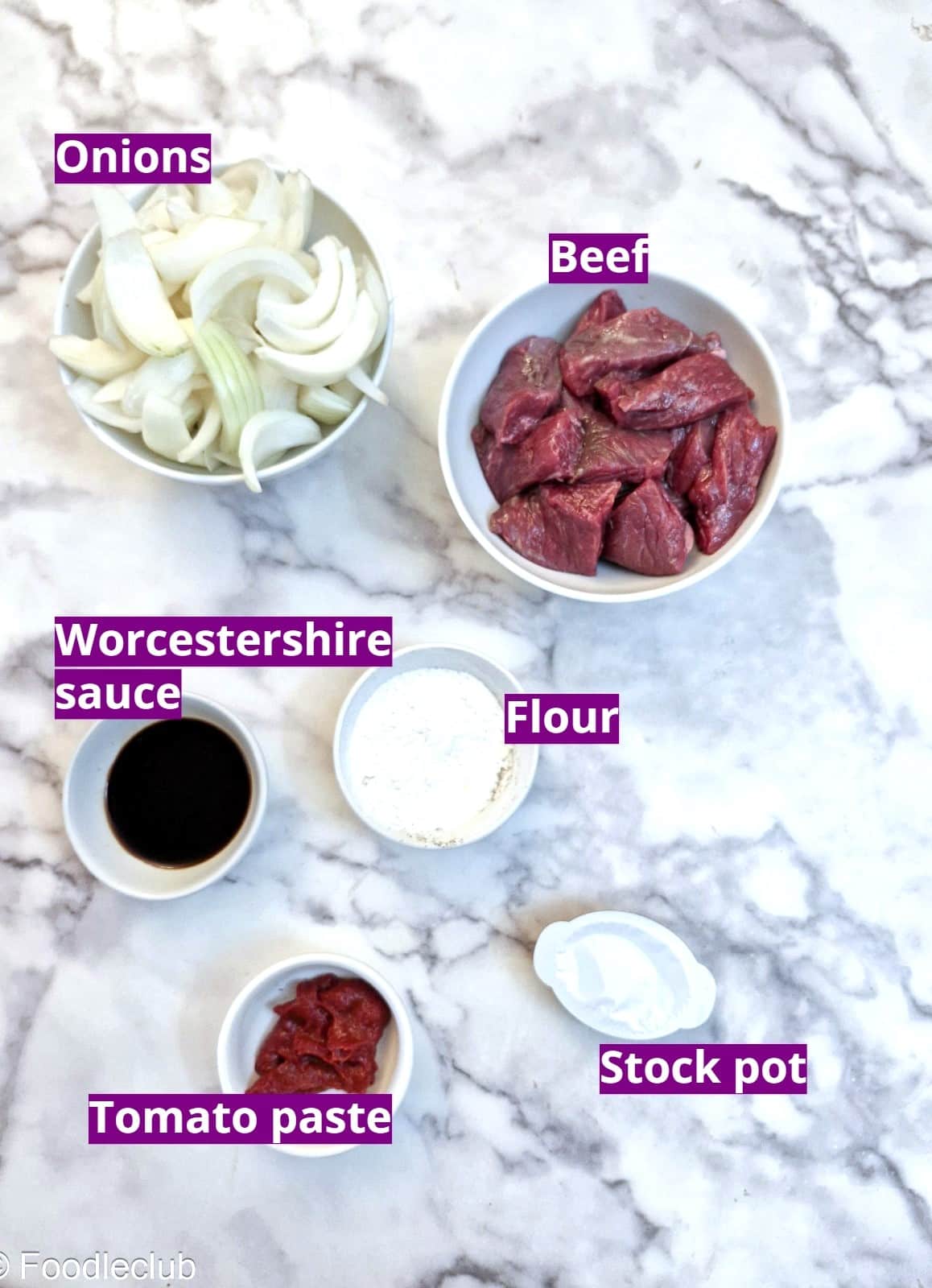 Ingredients for slow cooker braised steak and onions.