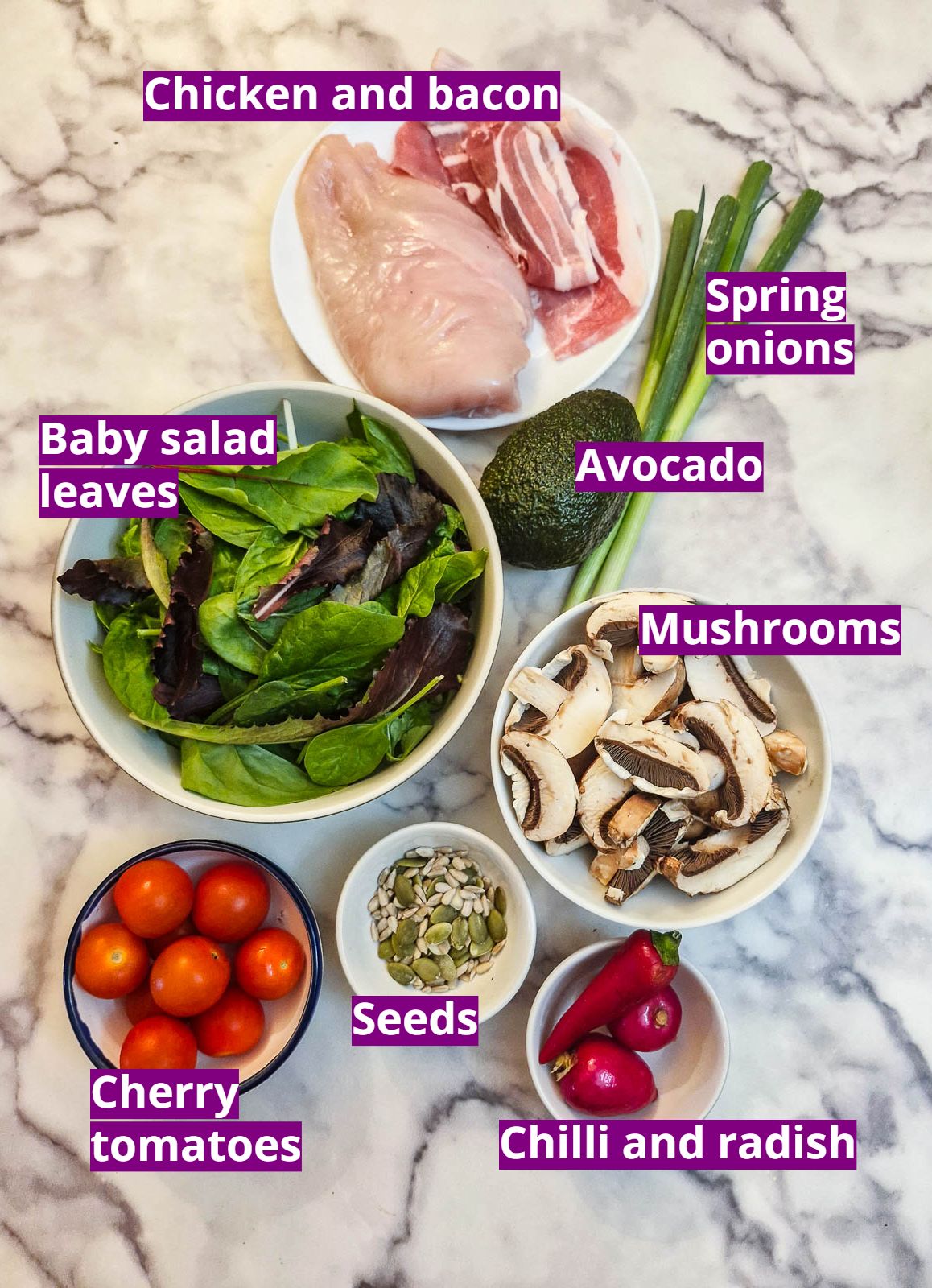 Ingredieents for a chicken and bacon salad.