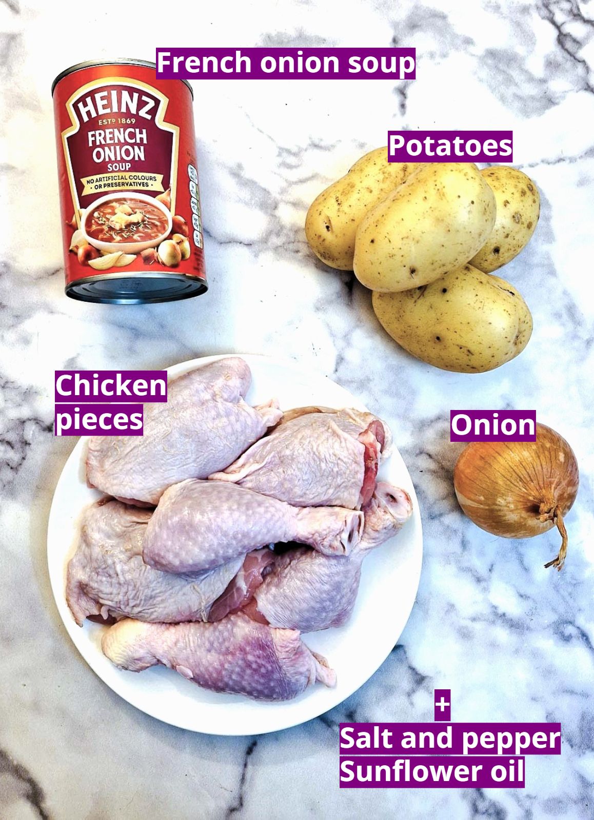 Ingredients needed to make french onion chicken casserole.