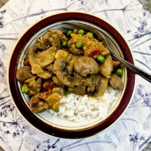 A dish of braised lamb kidneys on white rice.