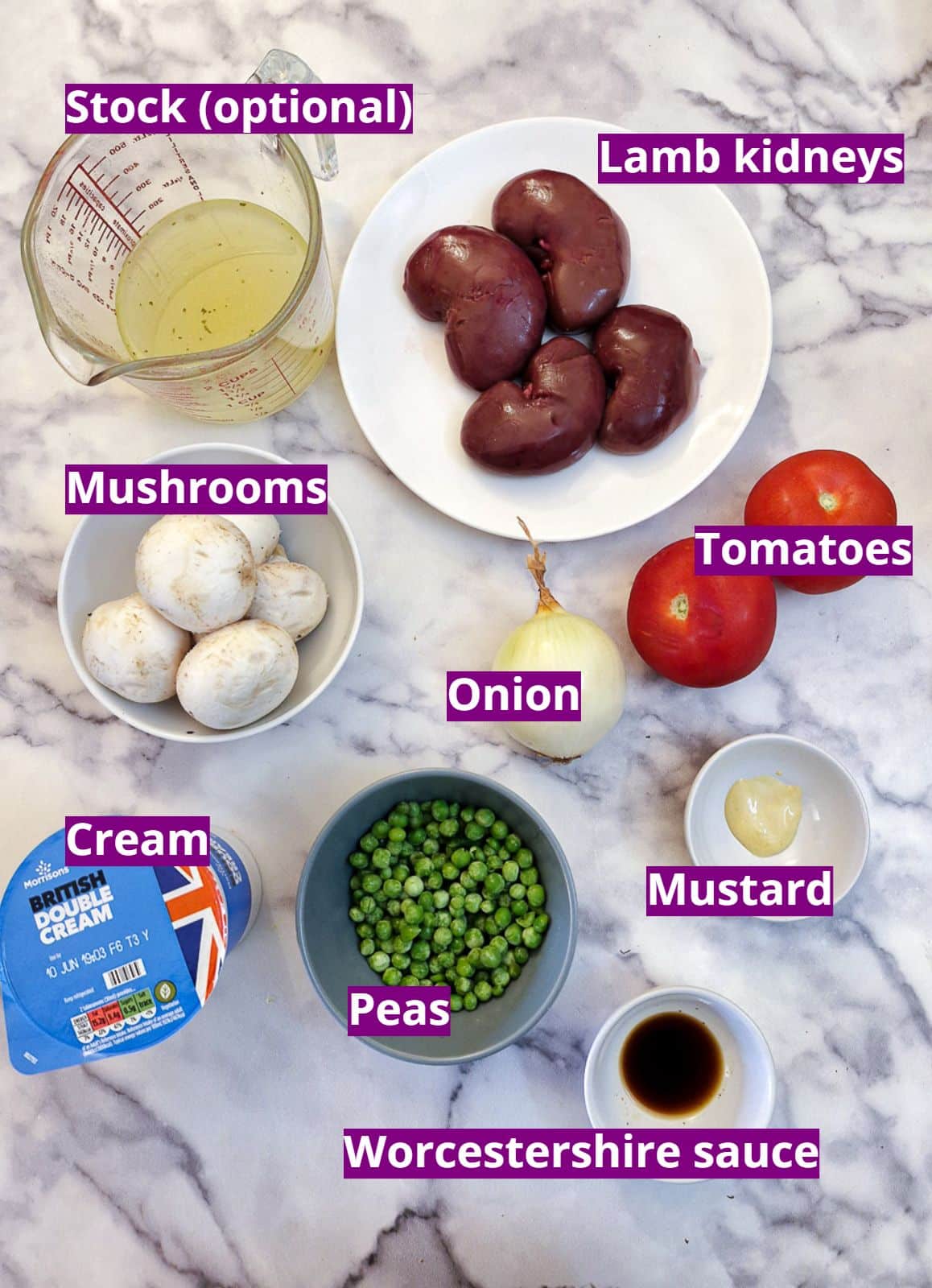 Ingredients for braised lamb kidneys with mushrooms.