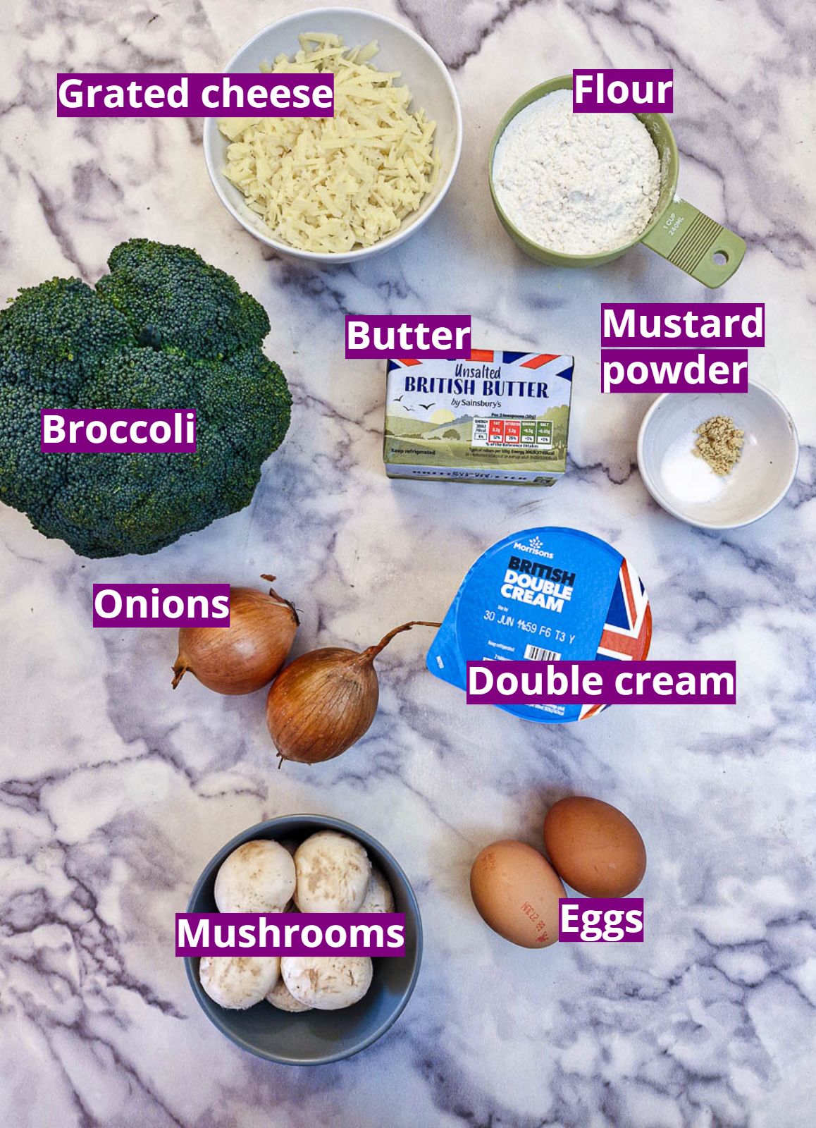 Ingredients for broccoli and mushroom quiche and cheese pastry.