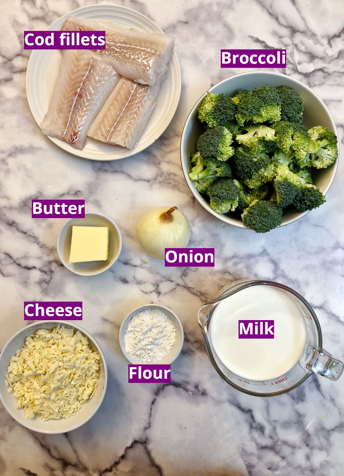 Ingredients for cheesy cod and broccoli bake.