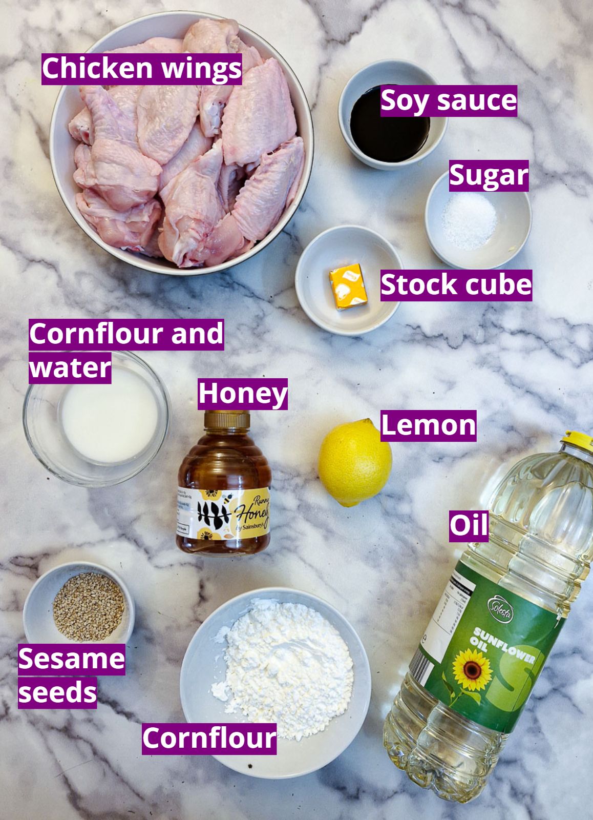 Ingredints for honey lemon chicken wings.