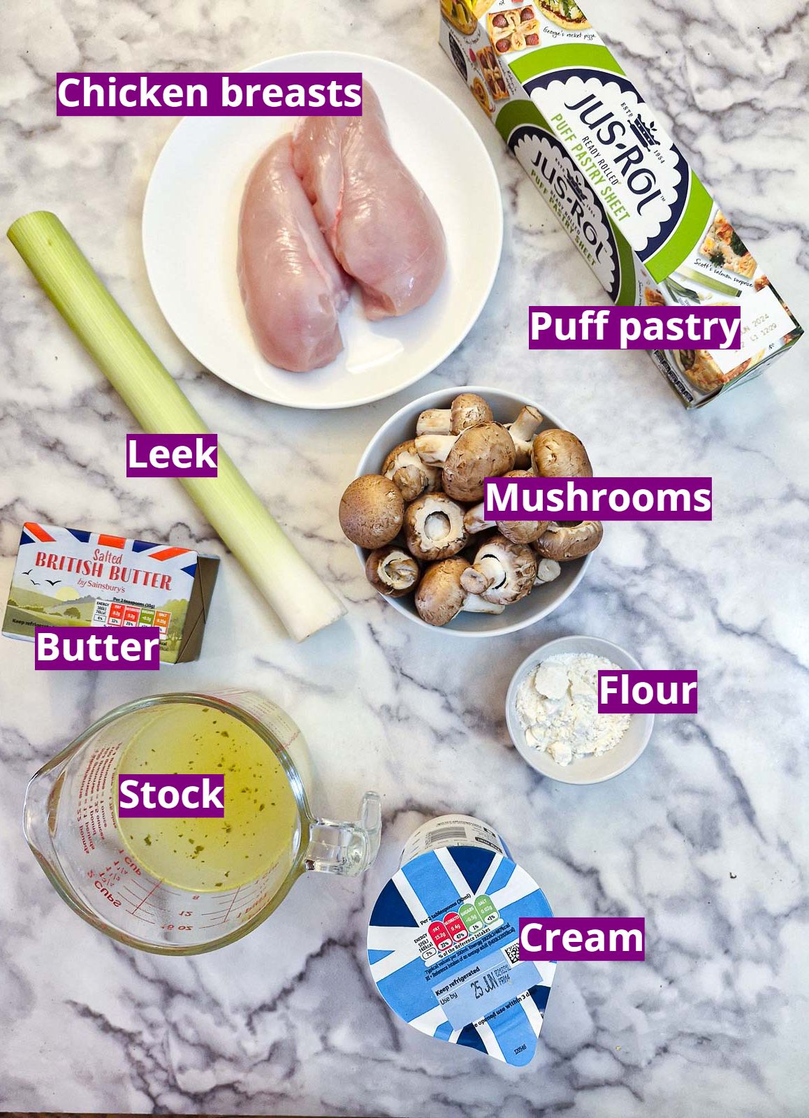 Ingredients for individual chicken and mushroom pot pies.