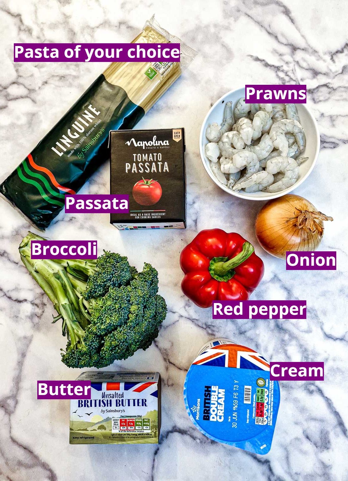 Ingredients for shrimp and broccoli pasta with creamy capsicum sauce.