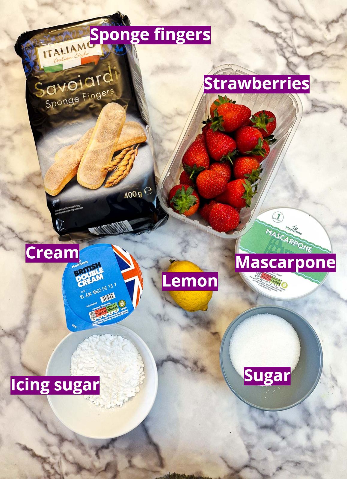 Ingredients for strawberry tiramisu.