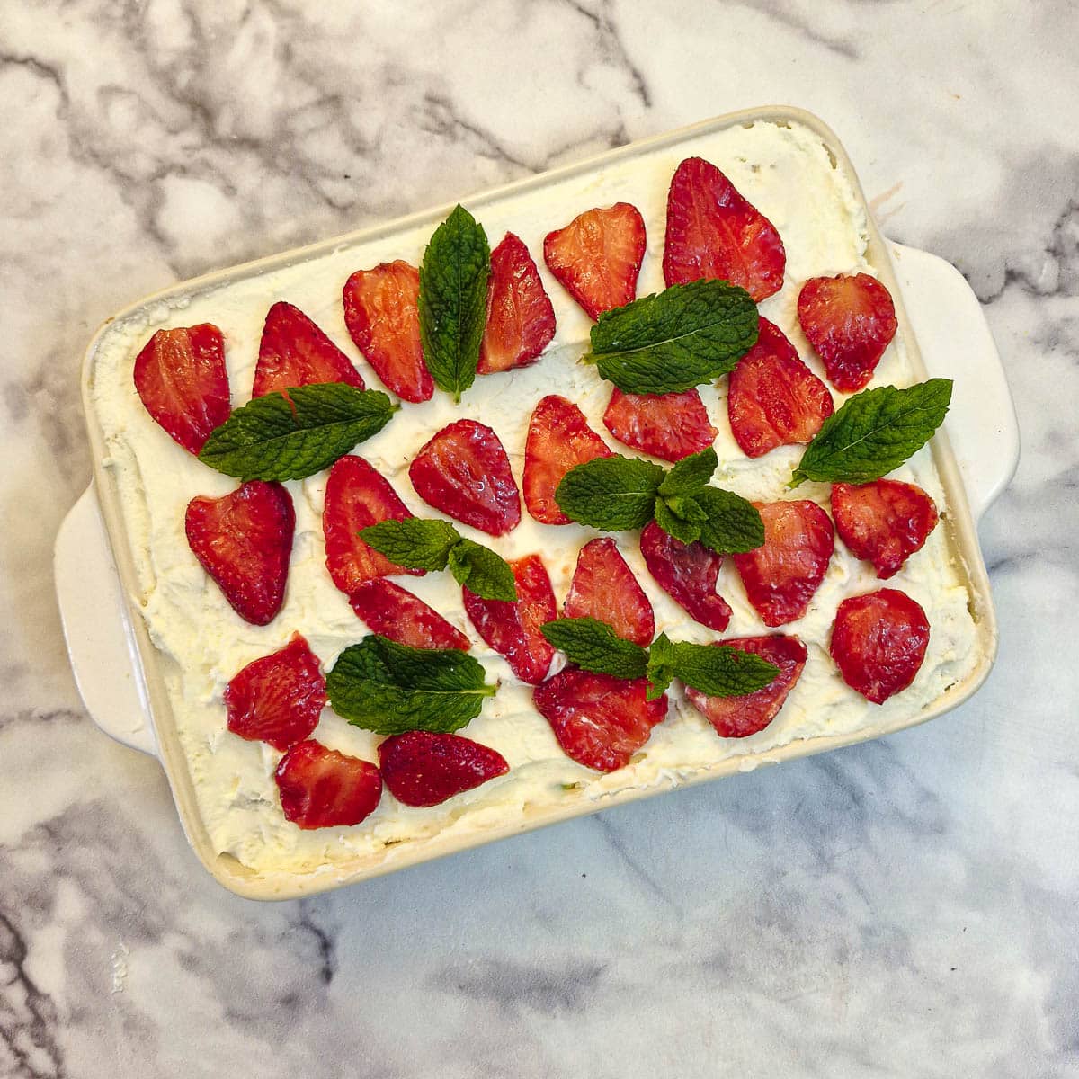 Overhead shot of a fully assembled strawberry tiramisu.