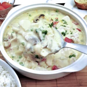 A dish of chicken a la king with a large serving spoon.