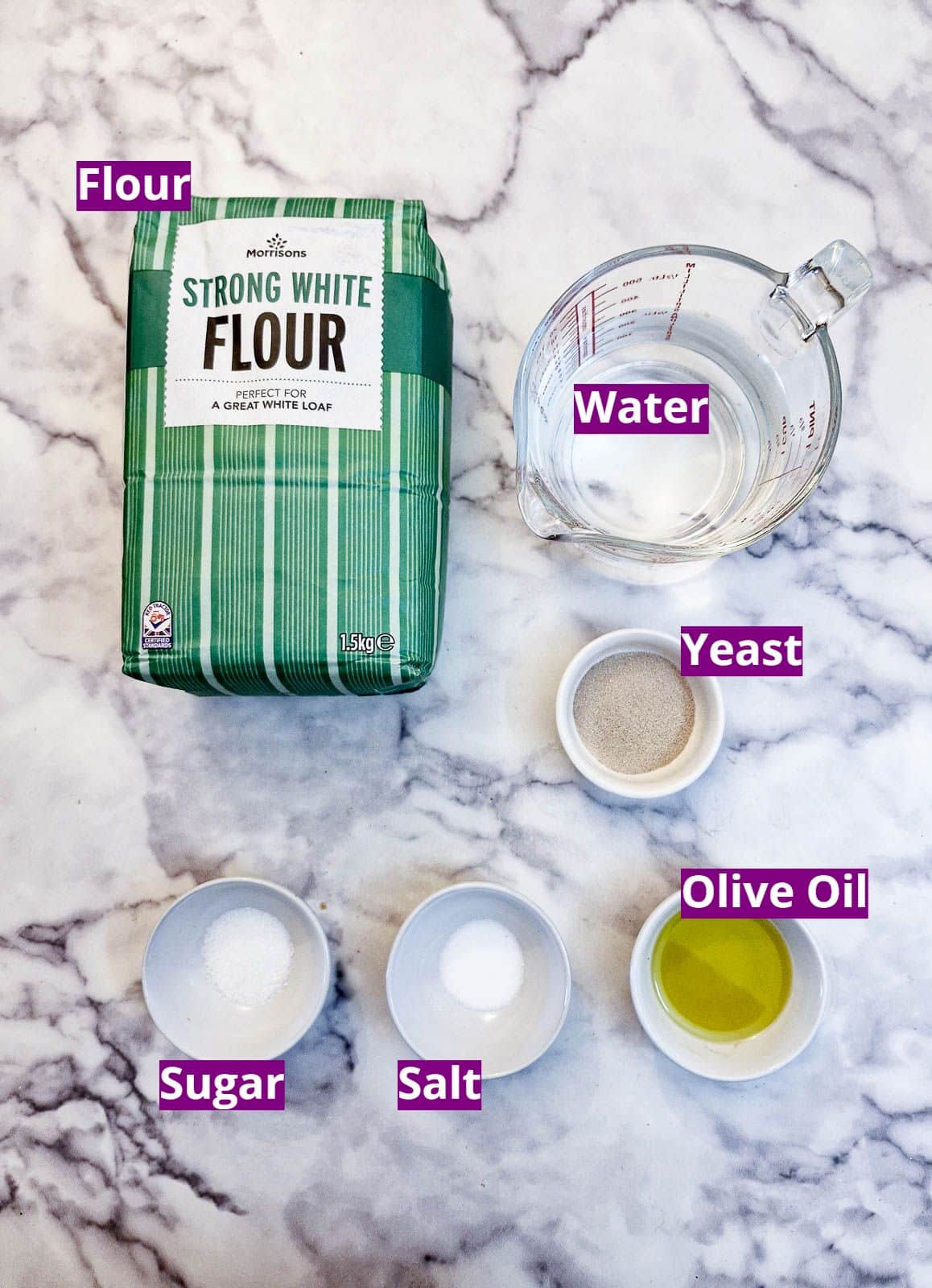 Ingredients for focaccia bread rolls.