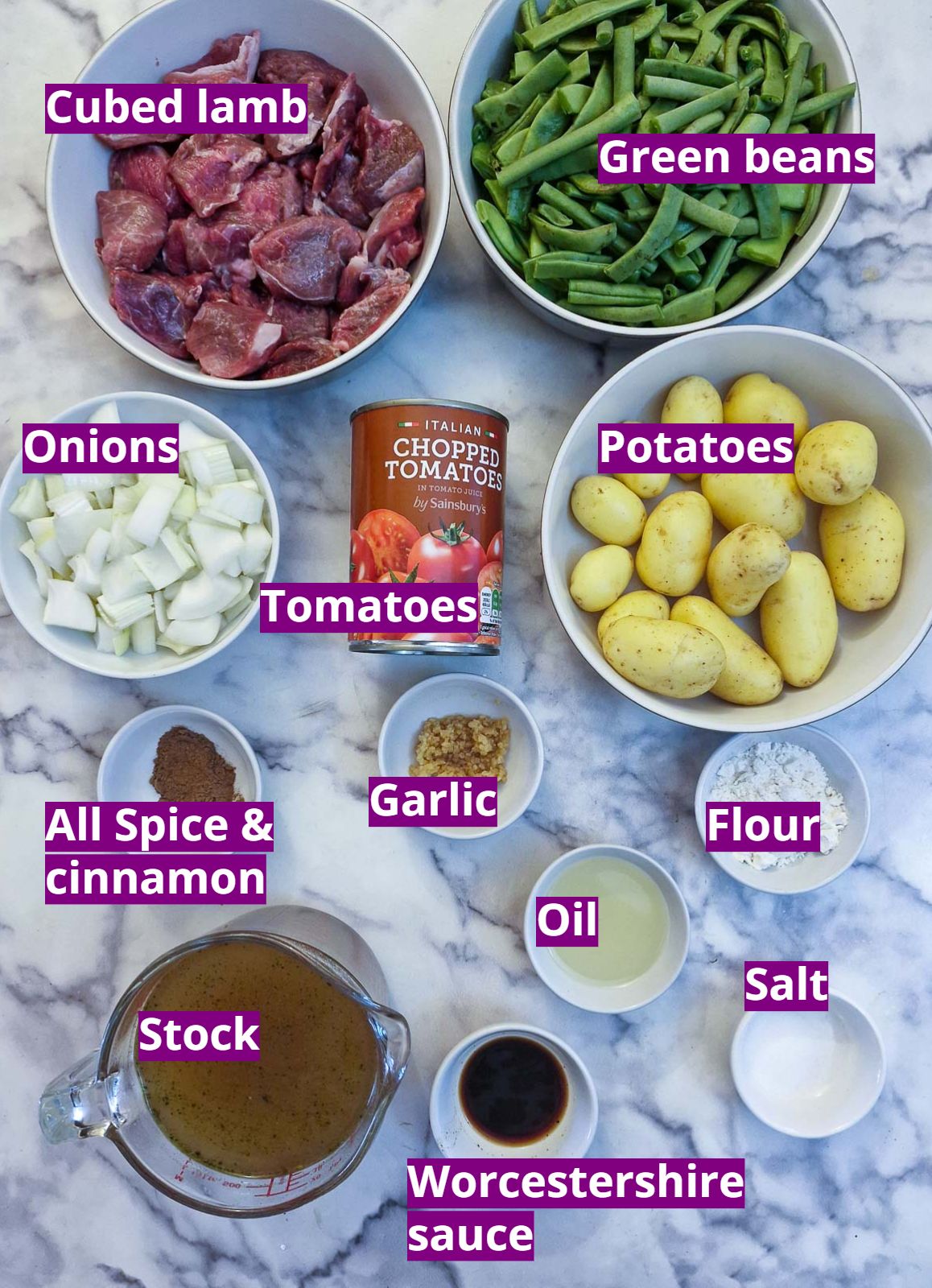 Ingredients for making green bean bredie.