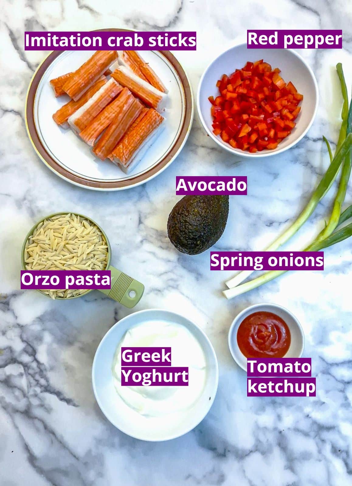 Ingredients for imitation crab salad.