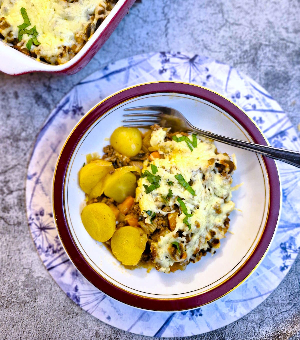 A plate of mince and potato bake