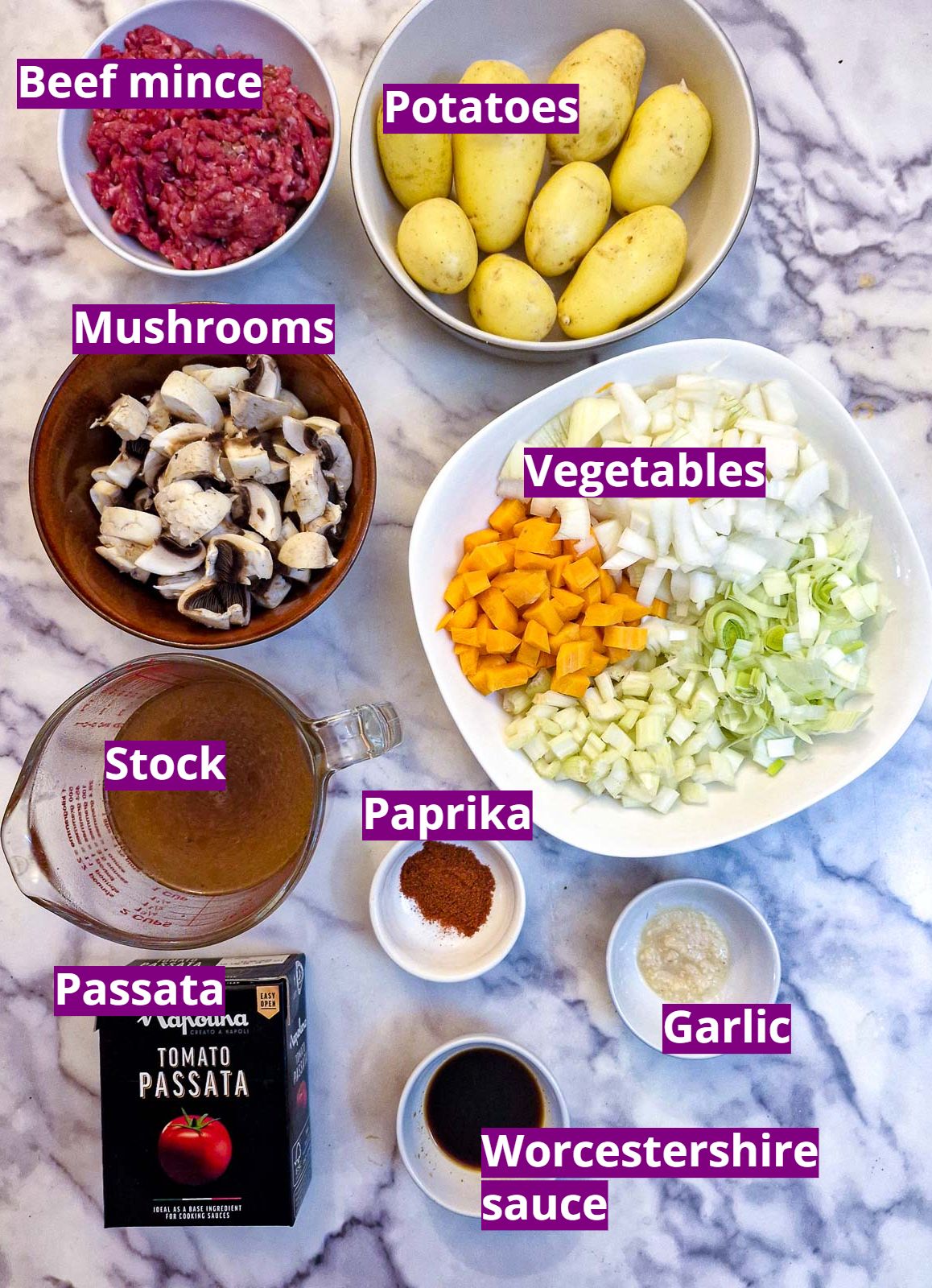 Ingredients for mince and potato bake.