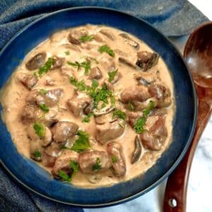 Paprika pork goulash in a blue serving dish alongside a wooden serving spoon.