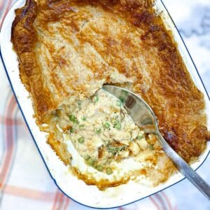 A white baking dish containing a salmon and red pepper sauce pie with the corner removed to show the filling.