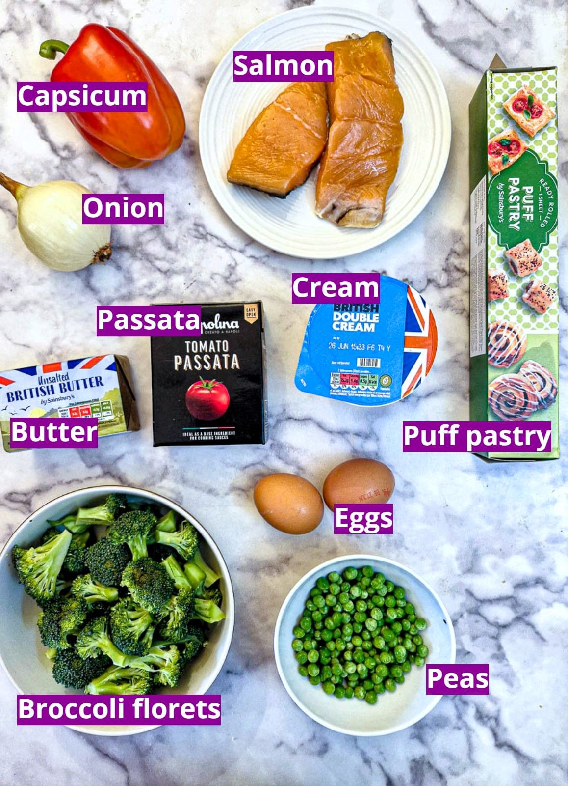 Ingredients for poached salmon and red pepper pie.