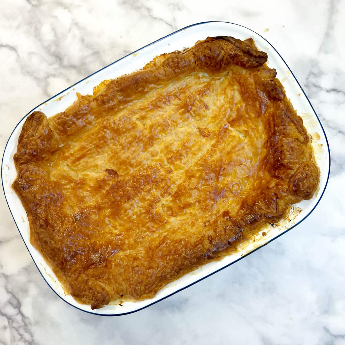 A baked salmon pie in a white enamel pie dish.