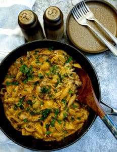 Overhead shot of a dish of french onion beef stroganoff.
