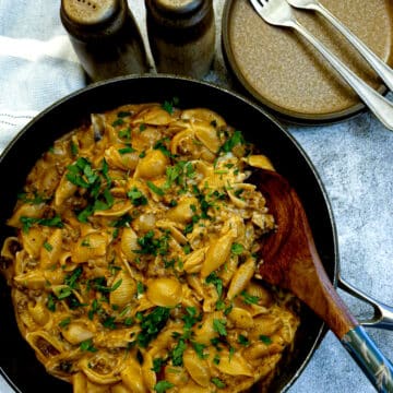 Overhead shot of a dish of french onion beef stroganoff.