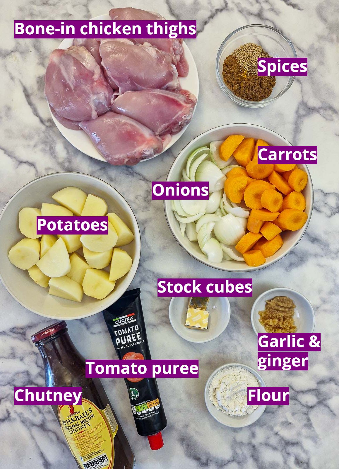 Ingredients for making South African chicken curry.