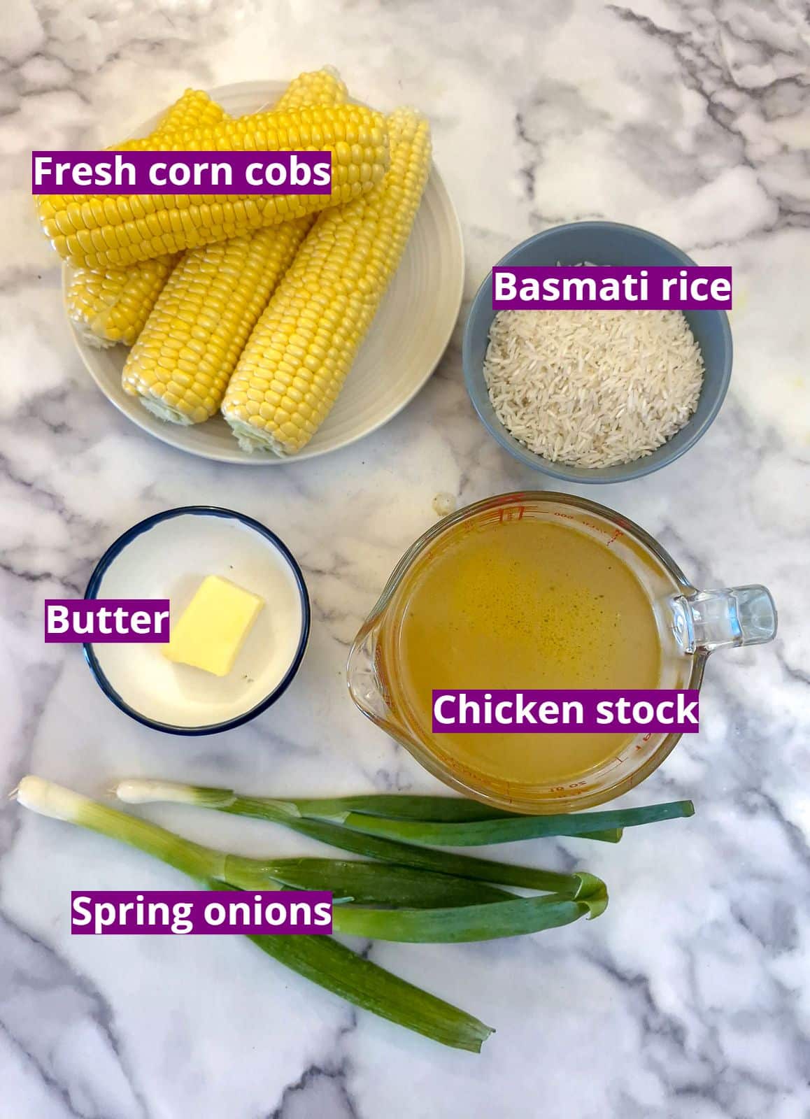 Ingredients for buttered corn and rice.