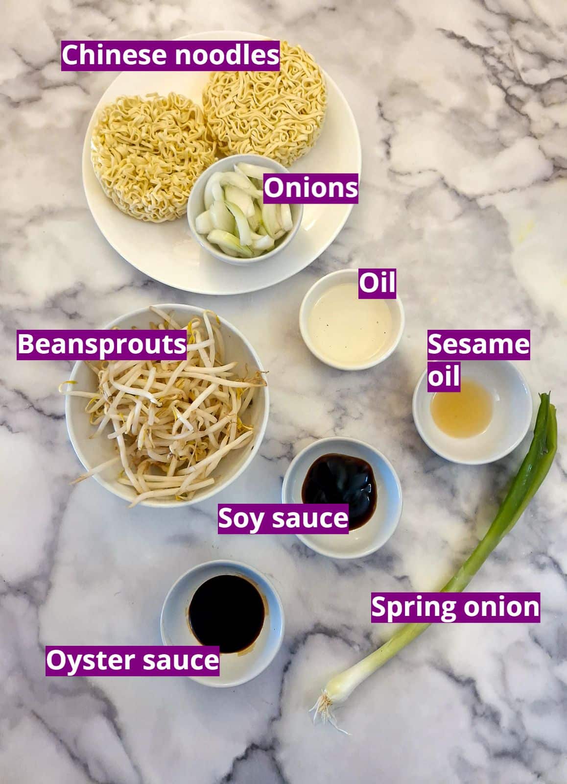 Ingredients for Chinese stir-fried noodles.
