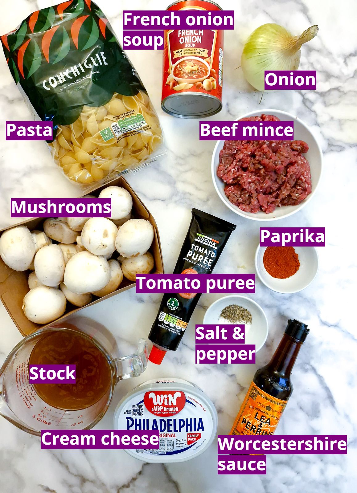 Ingredients for french onion minced beef stroganoff.