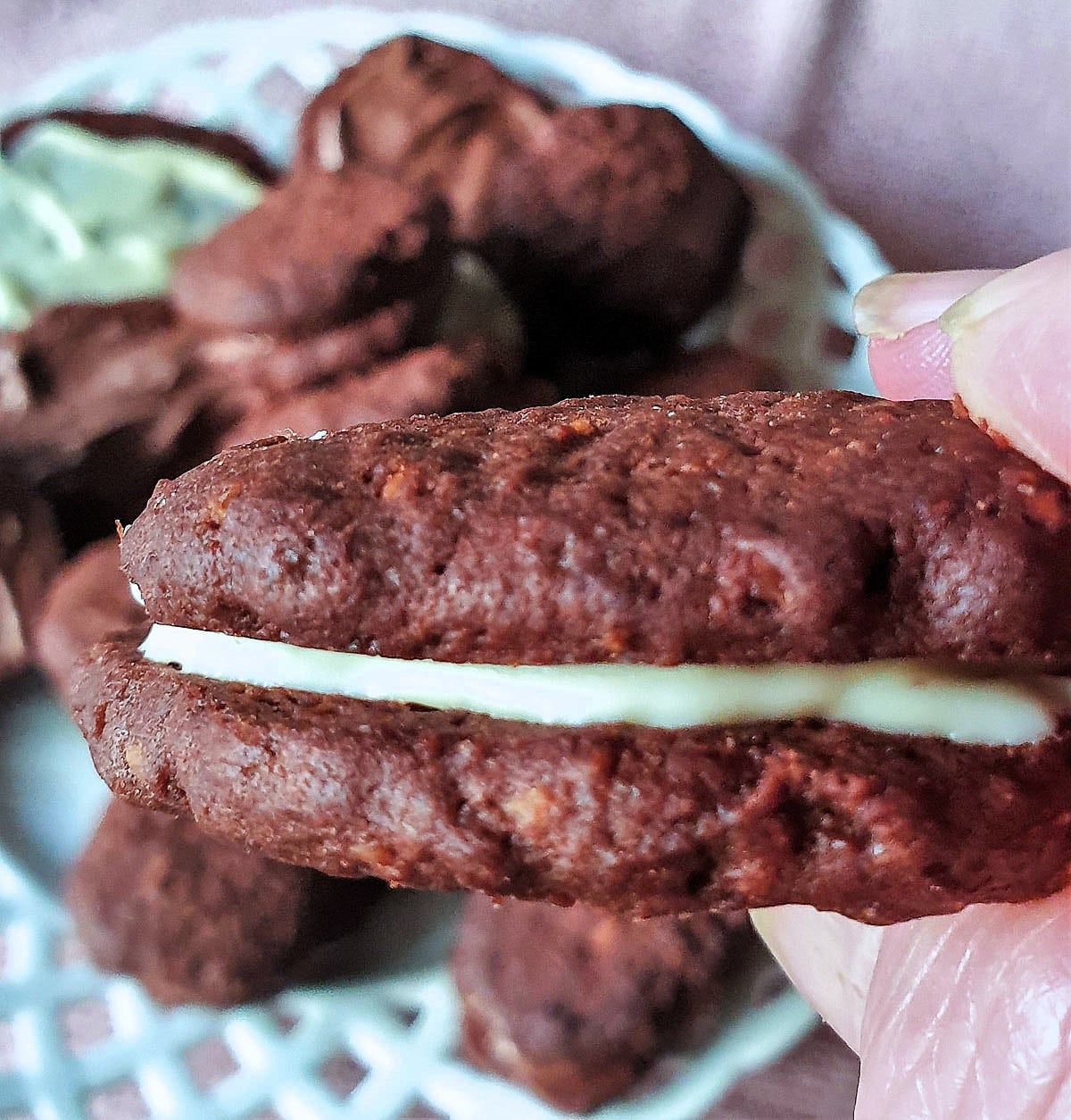 Close up of a romany cream biscuit sandwiched with white chocolate.