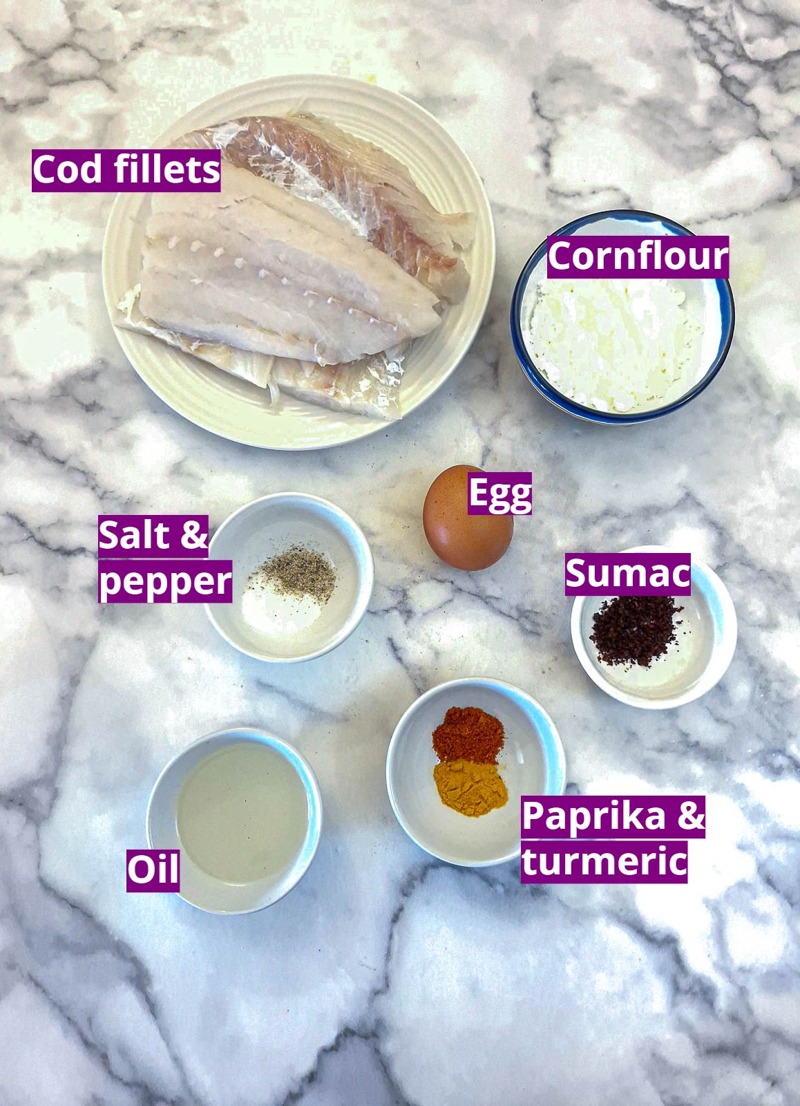 Ingredients for battered cod with sumac.