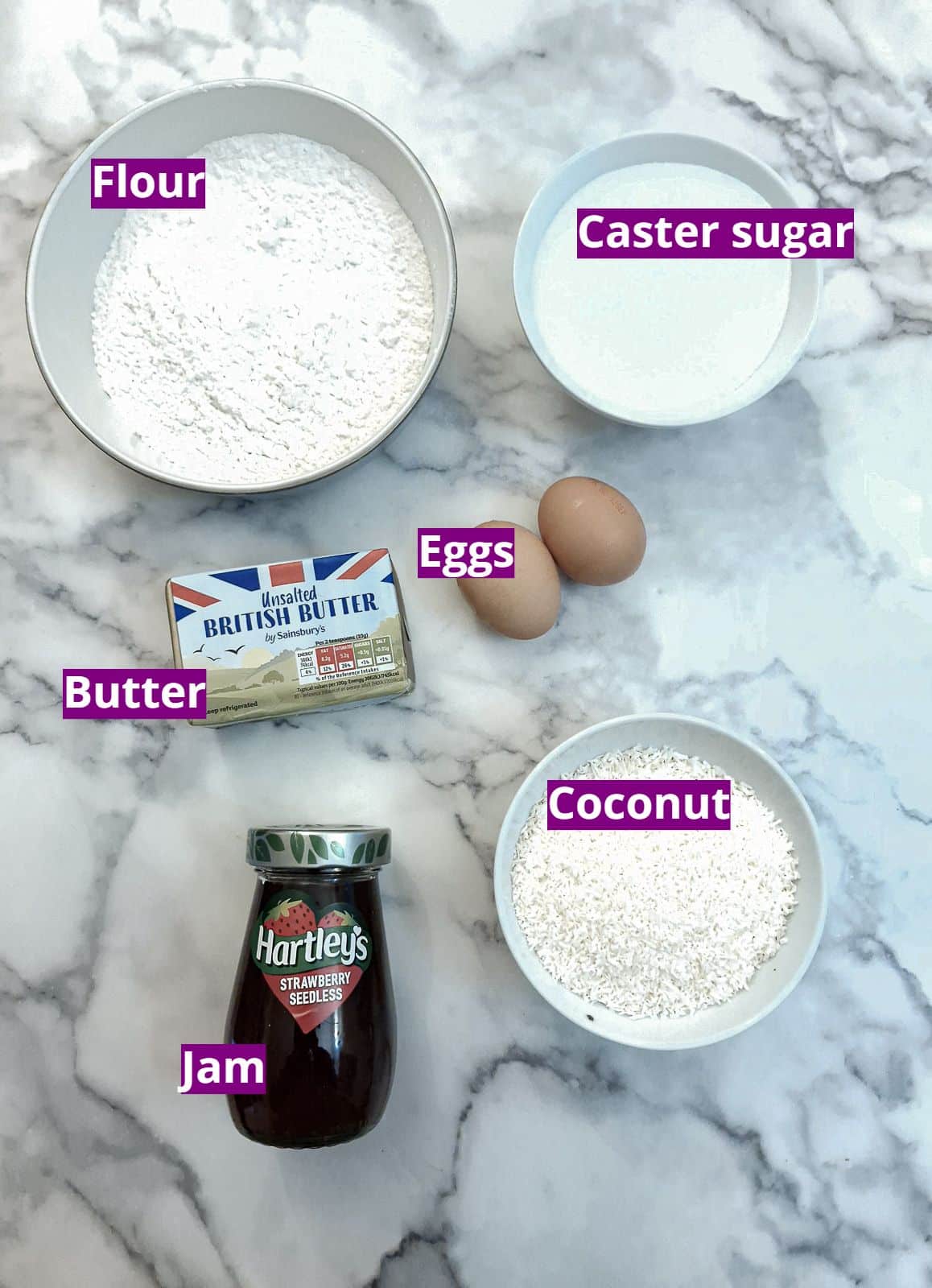 Ingredients for making a coconut jam slice.