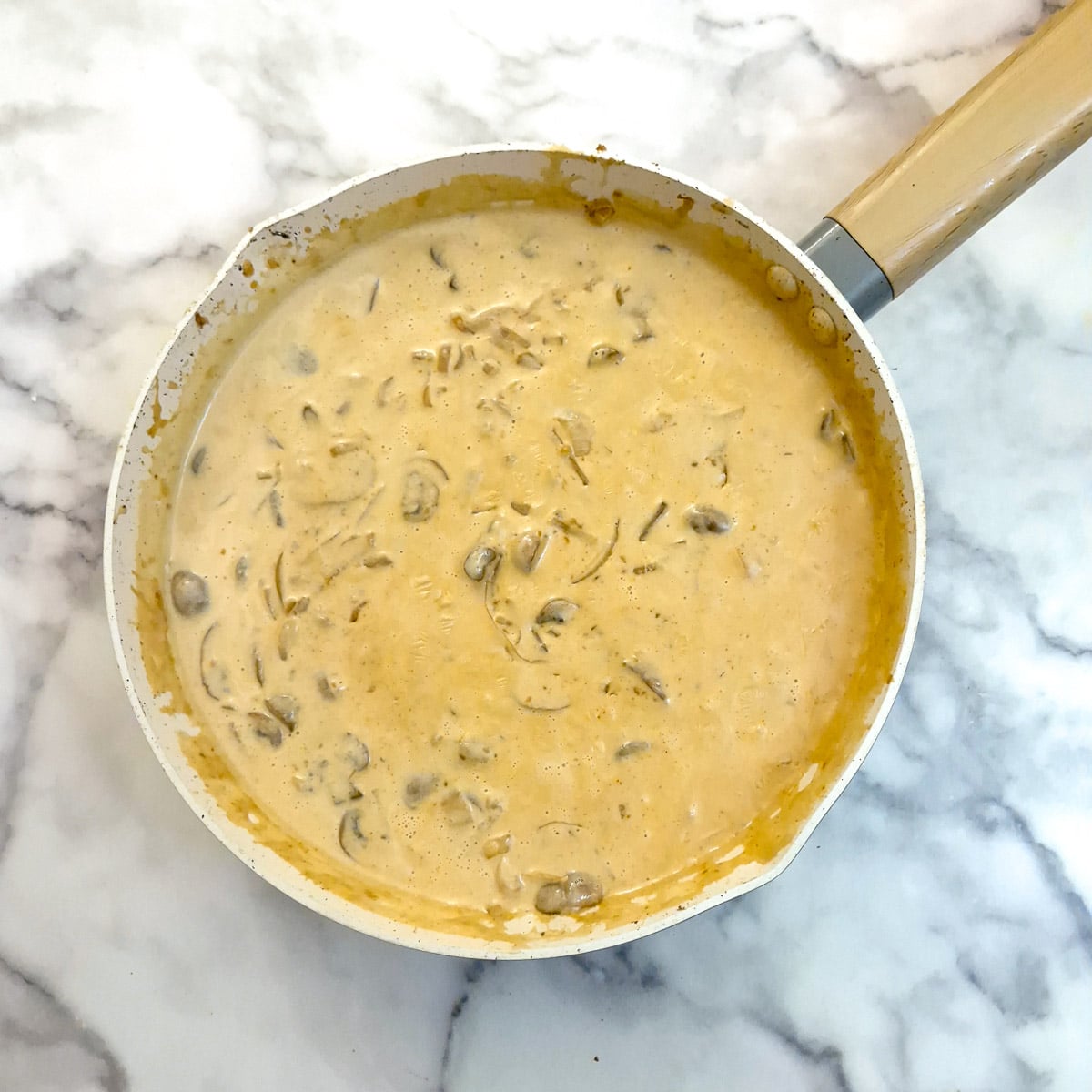 Cream and fried beef strips added to the stroganoff.