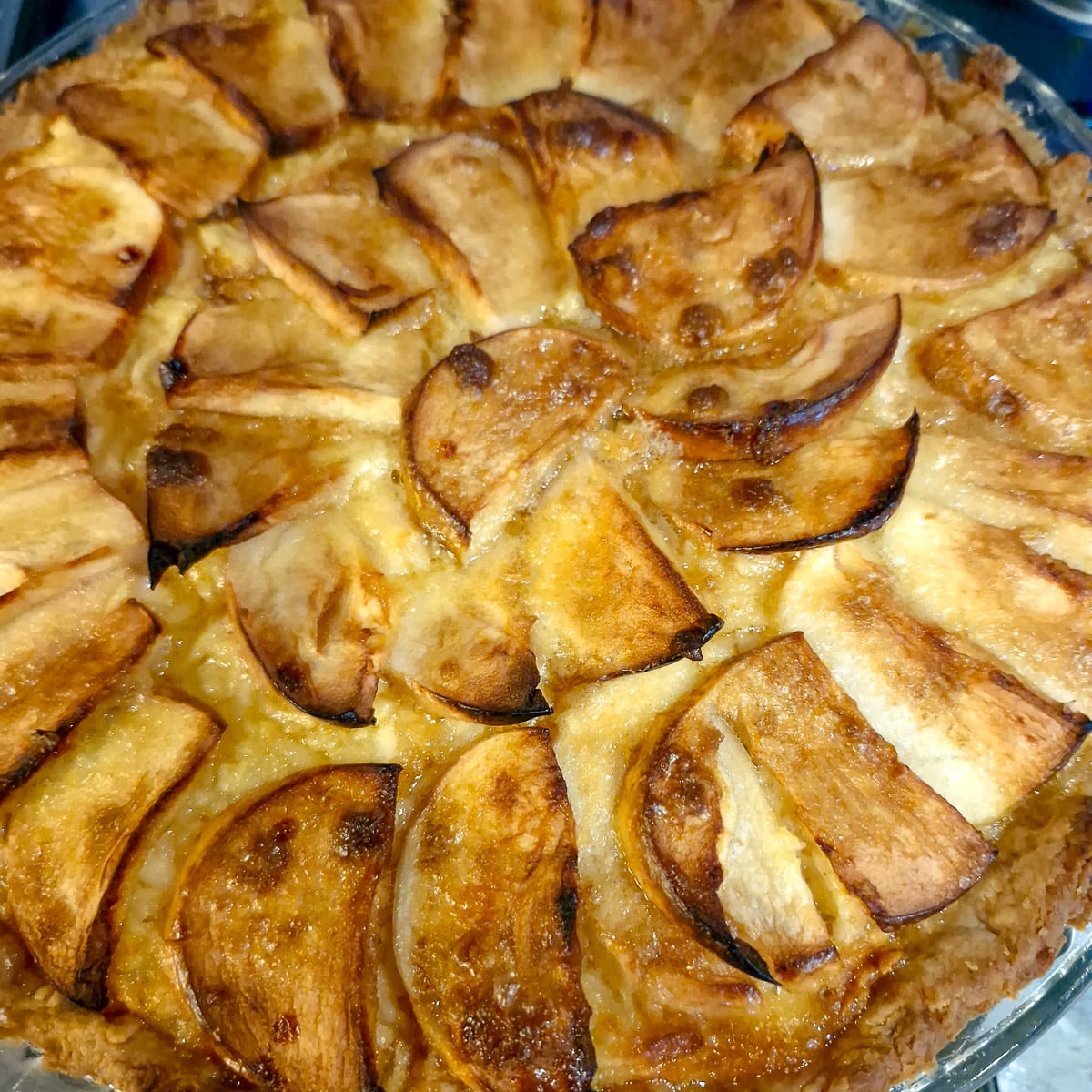 Close up of the top of a Canterbury tart showing the sliced apple topping.