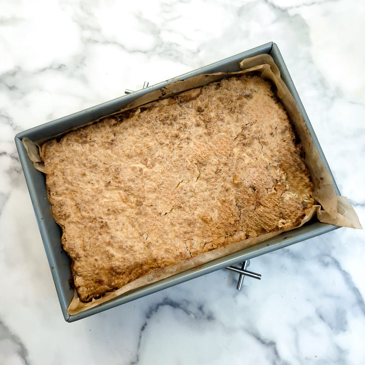 A baked coconut jam slice in a baking dish.