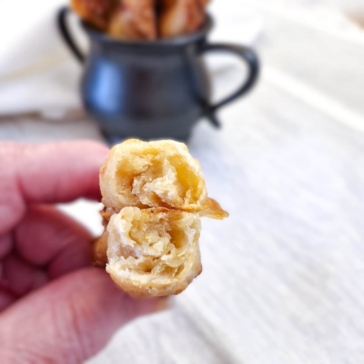 Close up of the inside of a cheese straw.